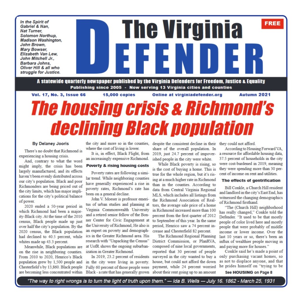 The front page of the Autumn 2021 edition of the Virginia Defender. 