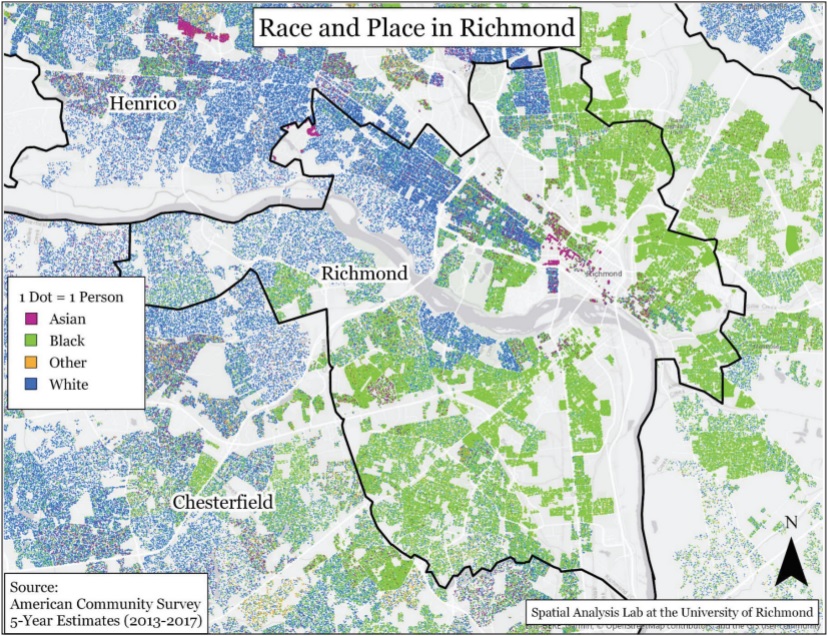 A map displaying Richmond and its surrounding counties, with the population mapped onto it using colored dot. Each dot is one person, and each person is color-coded according to whether they are Asian, Black, other, or white. 