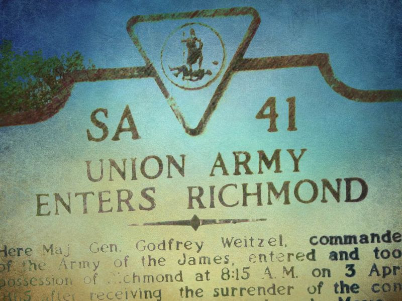 A close-up image of the highway marker #SA-41, "Union Army Enters Richmond."