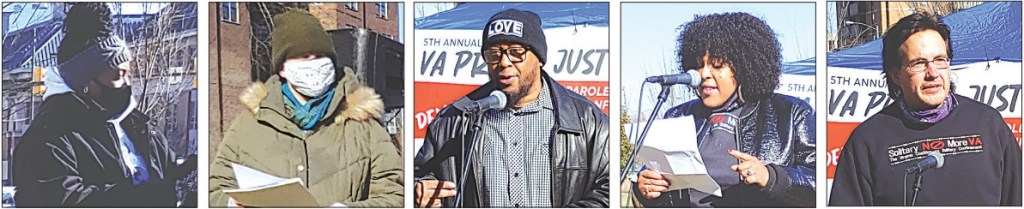 A five-photo gallery depicting the rally's two co-chairs and three speakers; left to right, this consists of a Black woman, a white woman, a Black man, a Black woman, and a white man. 