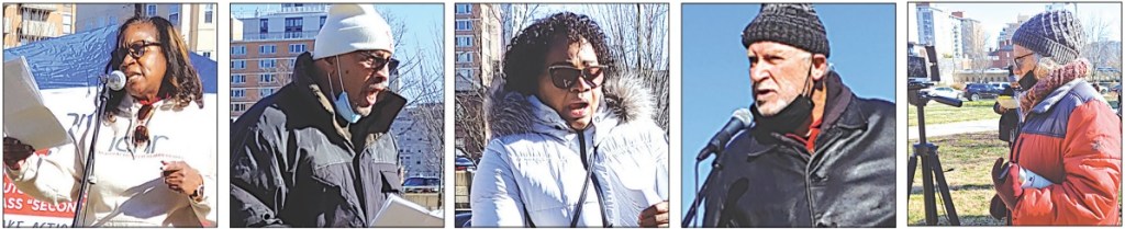 A five-photo gallery showing five speakers: left to right, a Black woman, a Black man, a Black woman, a white man, and a Black woman. 