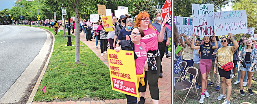 Two photos from rallies protesting the overturn of the Roe v. Wade Supreme Court decision. 