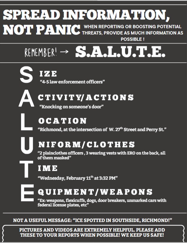 A short guide on sharing information about ICE/law enforcement threats. Share information, don't spread panic!